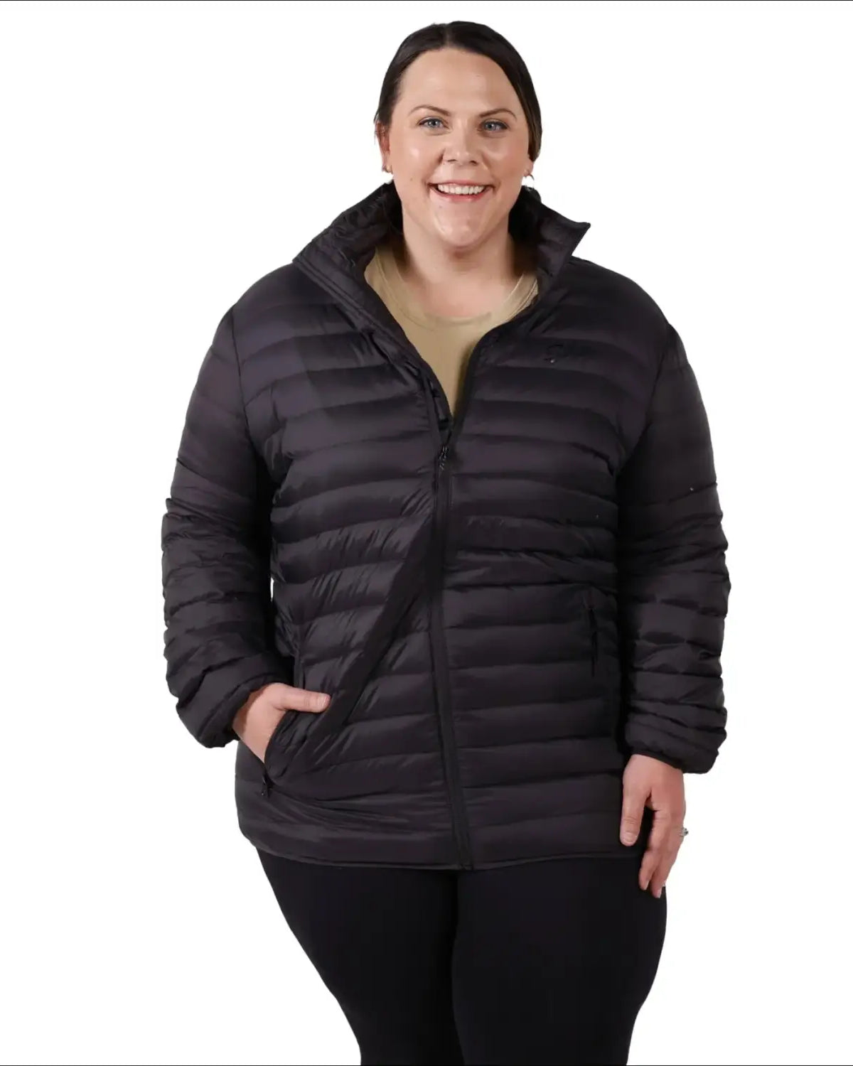 Black puffer jacket from Sportcaster Women’s Plus Size Packable Down Jacket 1X CLEARANCE