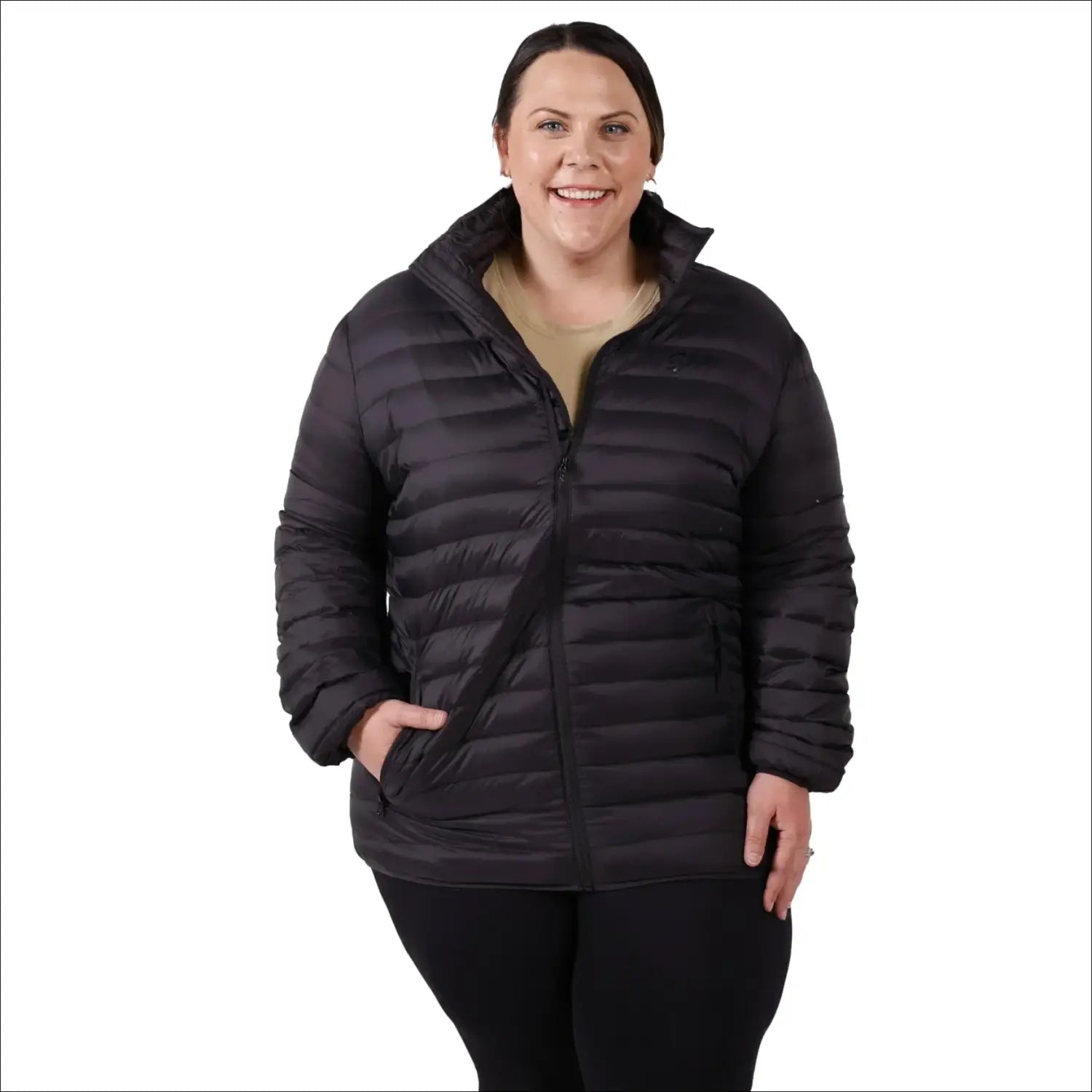 Black puffer jacket from Sportcaster Women’s Plus Size Packable Down Jacket 1X CLEARANCE