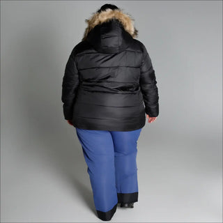 Black puffer jacket with blue pants from Snow Country Outerwear Women’s Plus Size Winter Ski Coat Jacket Luna