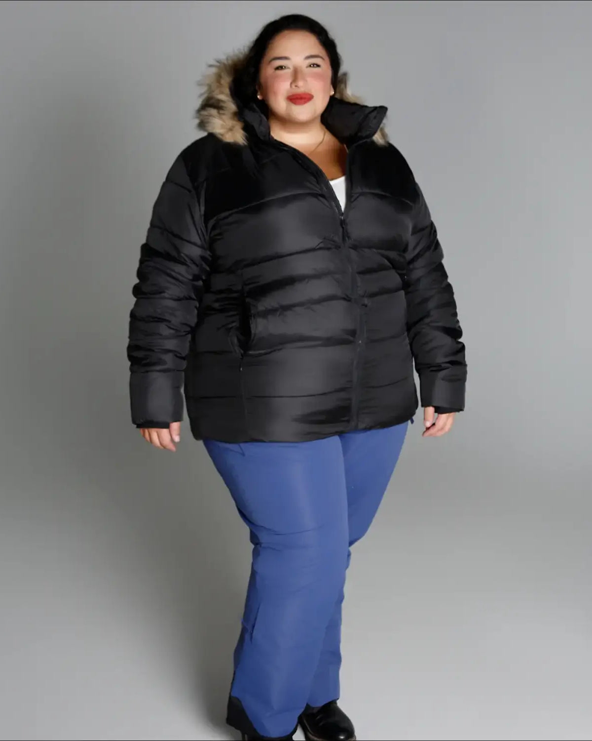Black puffer coat with fur-trimmed hood from Snow Country Outerwear Luna Plus Size Winter Ski Jacket