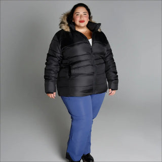 Black puffer coat with fur-trimmed hood from Snow Country Outerwear Luna Plus Size Winter Ski Jacket