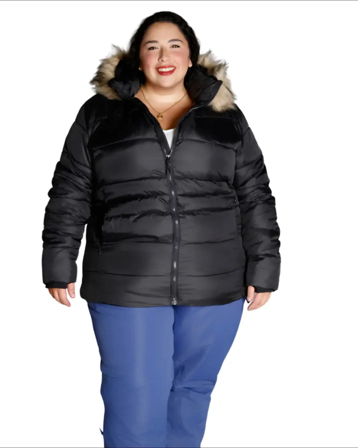Black puffer jacket with fur-trimmed hood from Snow Country Outerwear Luna Plus Size Ski Coat