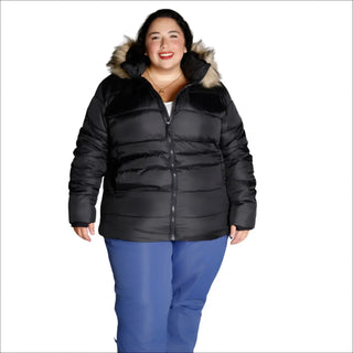 Black puffer jacket with fur-trimmed hood from Snow Country Outerwear Luna Plus Size Ski Coat