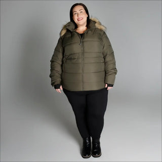 Olive green puffer jacket with fur-trimmed hood from Snow Country Outerwear Luna collection