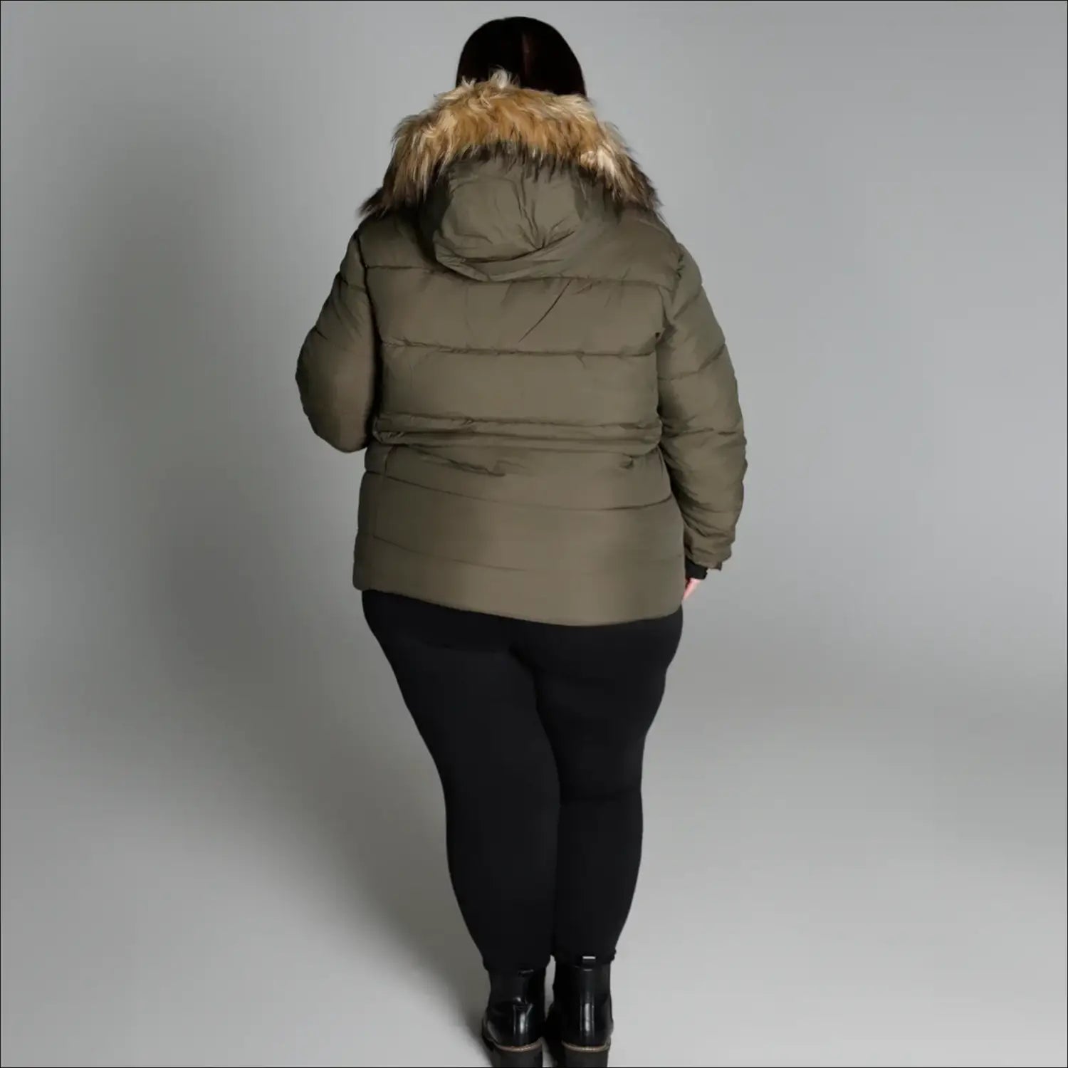 Olive green puffer coat with fur-trimmed hood from Snow Country Outerwear Luna collection