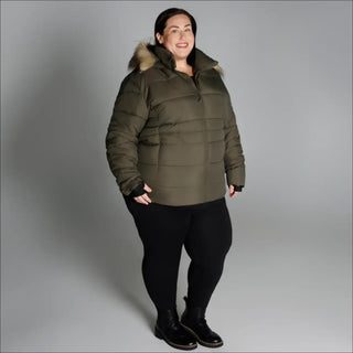 Olive green puffer jacket with fur trim from Snow Country Outerwear for plus size women