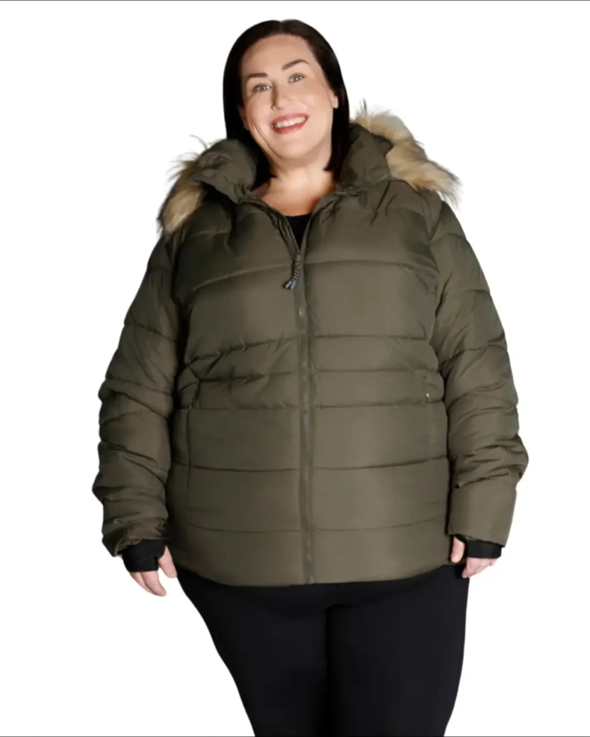 Olive green puffer jacket with fur-trimmed hood from Snow Country Outerwear Luna collection