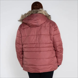 Rose-colored padded hooded winter coat from Snow Country Outerwear for women plus size ski jackets