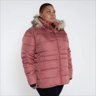 Rose-colored puffer jacket with fur-trimmed hood from Snow Country Outerwear Luna Plus Size Ski Coat