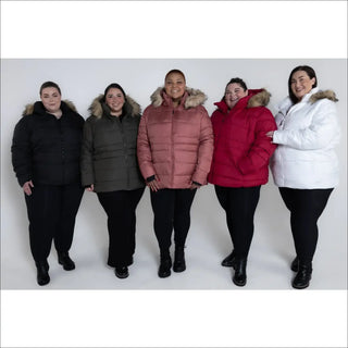 Five women wearing Snow Country Outerwear Plus Size Winter Ski Coat Jackets