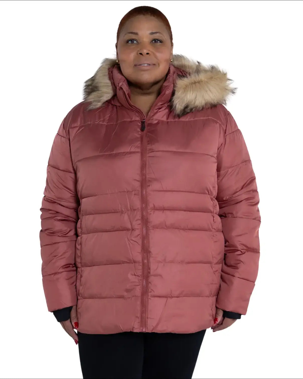 Woman’s pink puffer jacket with fur hood from Snow Country Outerwear Luna plus size winter ski coat
