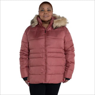Woman’s pink puffer jacket with fur hood from Snow Country Outerwear Luna plus size winter ski coat