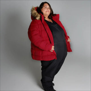 Red puffer coat with fur hood from Snow Country Outerwear Women’s Plus Size Winter Ski Coat Jacket Luna