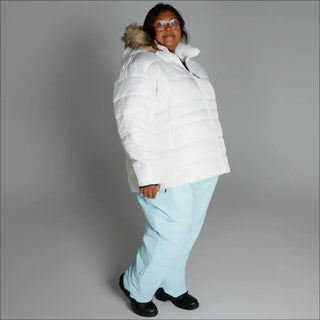 Woman in Snow Country Plus Size Winter Ski Coat Luna outdoors in winter weather