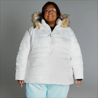 White puffer jacket with fur-trimmed hood from Snow Country Outerwear Women’s Plus Size Ski Coat
