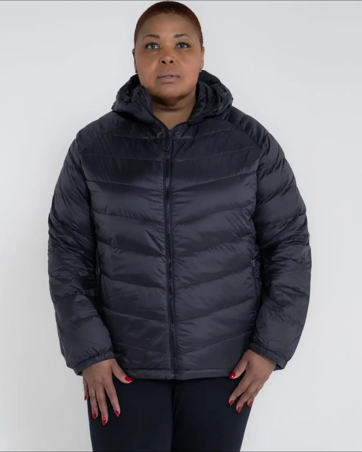 Black hooded puffer jacket for women Plus Size 1X-6X packable down outerwear
