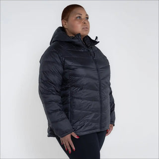 Plus size black hooded puffer jacket for women, packable down outerwear for spring fall