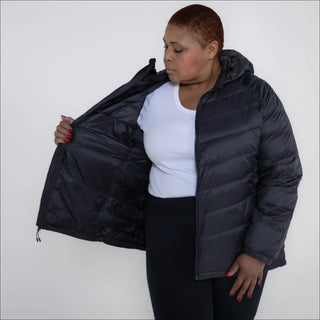 Black hooded puffer jacket for women’s plus size packable down outerwear spring fall