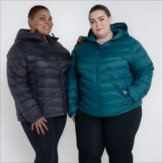Women wearing hooded puffer jackets, stylish plus size packable down outerwear