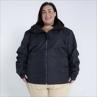 Black hooded puffer jacket from Snow Country Outerwear Women’s Plus Size Ski Coat