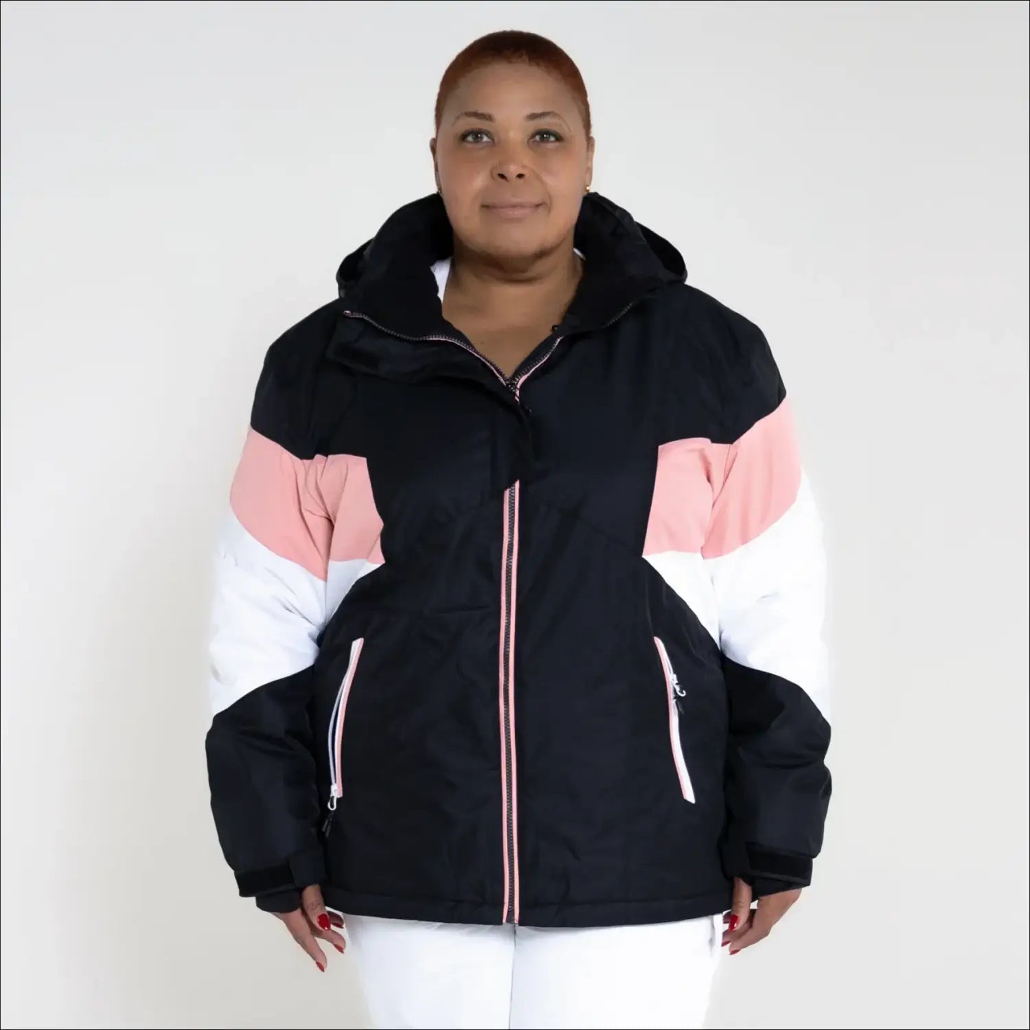 Color-blocked hooded winter jacket from Snow Country Outerwear Women’s Plus Size Ski Coat