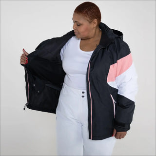 Woman wearing a color-blocked Snow Country Plus Size Ski Jacket in Moonlight for winter warmth