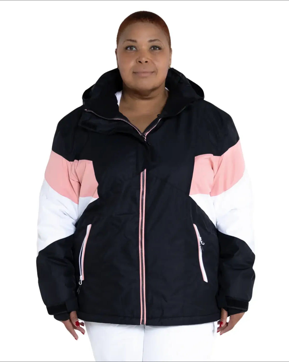Color-blocked hooded winter jacket from Snow Country Outerwear Women’s Plus Size Ski Coat