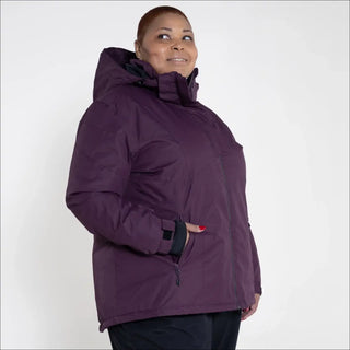 Plum-colored hooded winter jacket from Snow Country Outerwear Women’s Plus Size Ski Coat