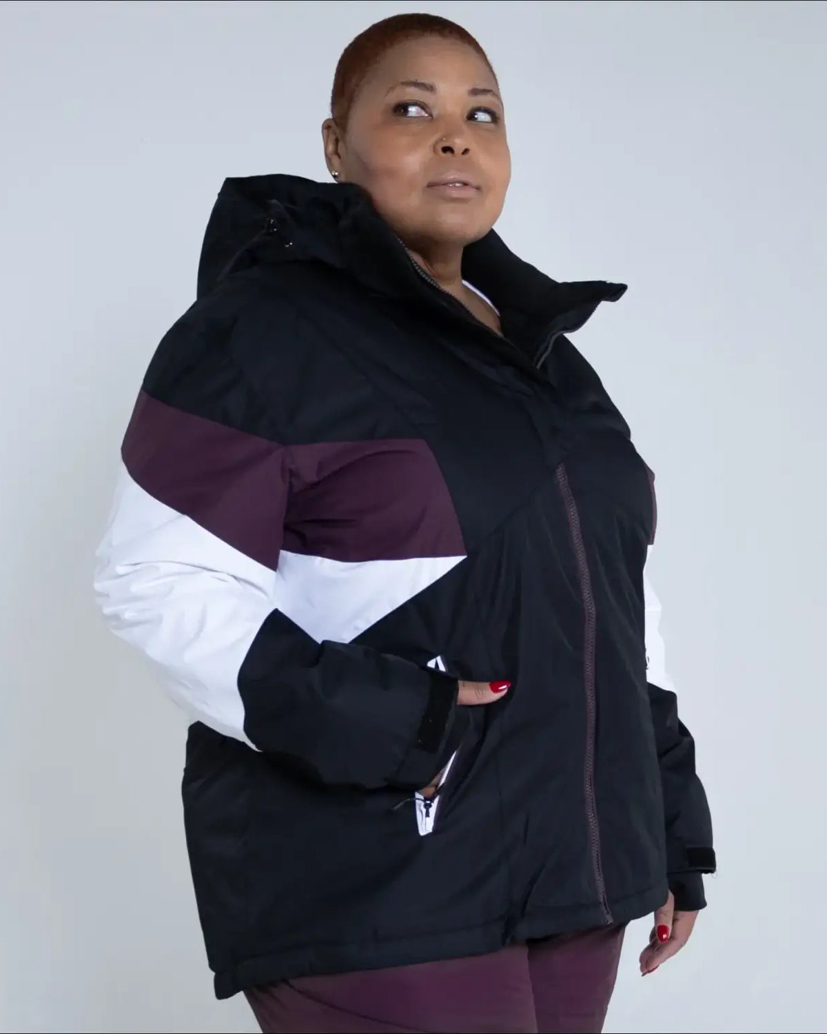 Color-blocked hooded winter jacket from Snow Country Outerwear, plus size ski coat for women