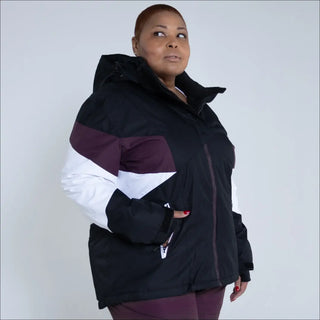 Color-blocked hooded winter jacket from Snow Country Outerwear, plus size ski coat for women