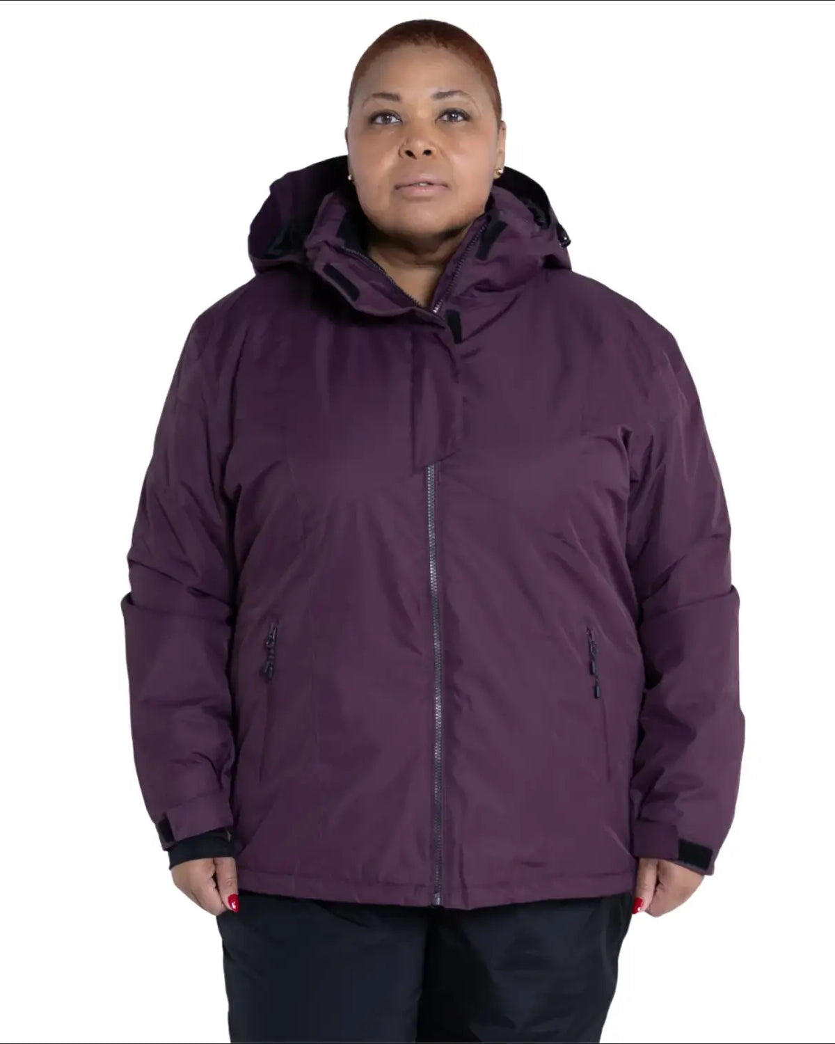 Plum-colored hooded winter jacket from Snow Country Outerwear Women’s Plus Size Ski Coat