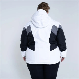 White black and gray hooded winter jacket from Snow Country Outerwear Plus Size Ski collection