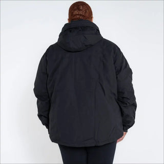 Black hooded puffer jacket from Snow Country Outerwear Fortress Winter Ski Coat for women