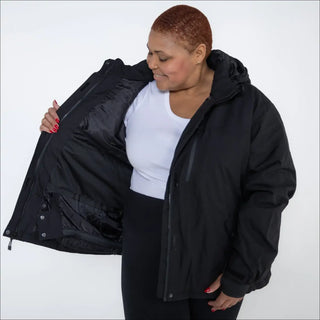 Black hooded winter jacket from Snow Country Outerwear Fortress Ski Coat for plus size women