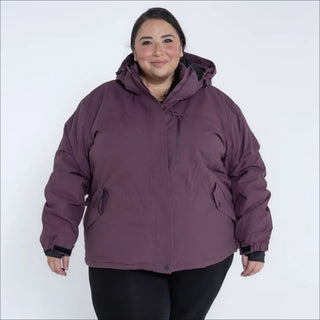 Plum-colored hooded puffer jacket from Snow Country Outerwear Women’s Plus Size Fortress Winter Snow Ski Coat