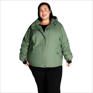 Woman wearing a green hooded jacket from Snow Country Outerwear Fortress Winter Ski Coat