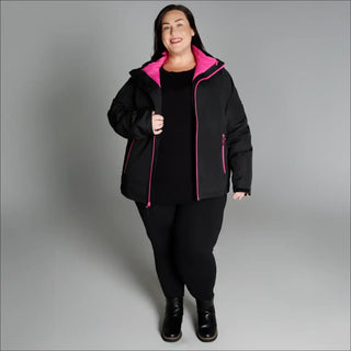 Woman wearing black and pink winter down alternative 3-in-1 coat jacket snow country outerwear