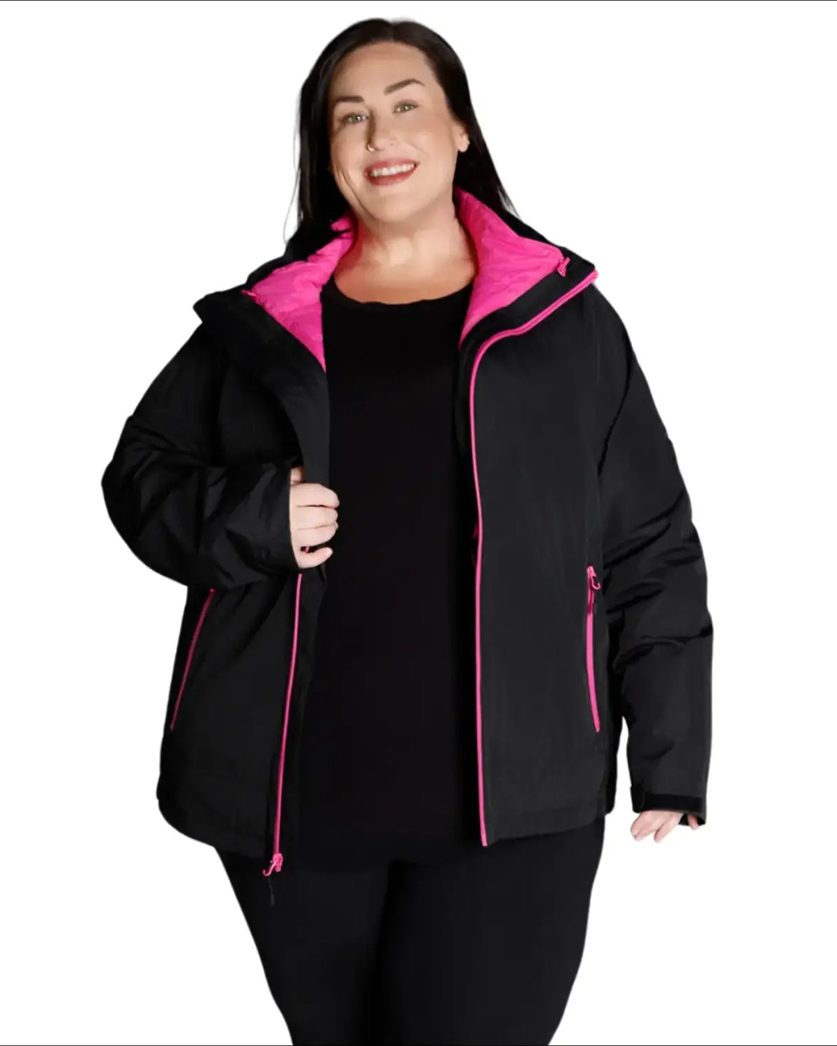Black winter jacket with pink lining from Women’s Plus Size 1X-6X Winter 3-in-1 Coat