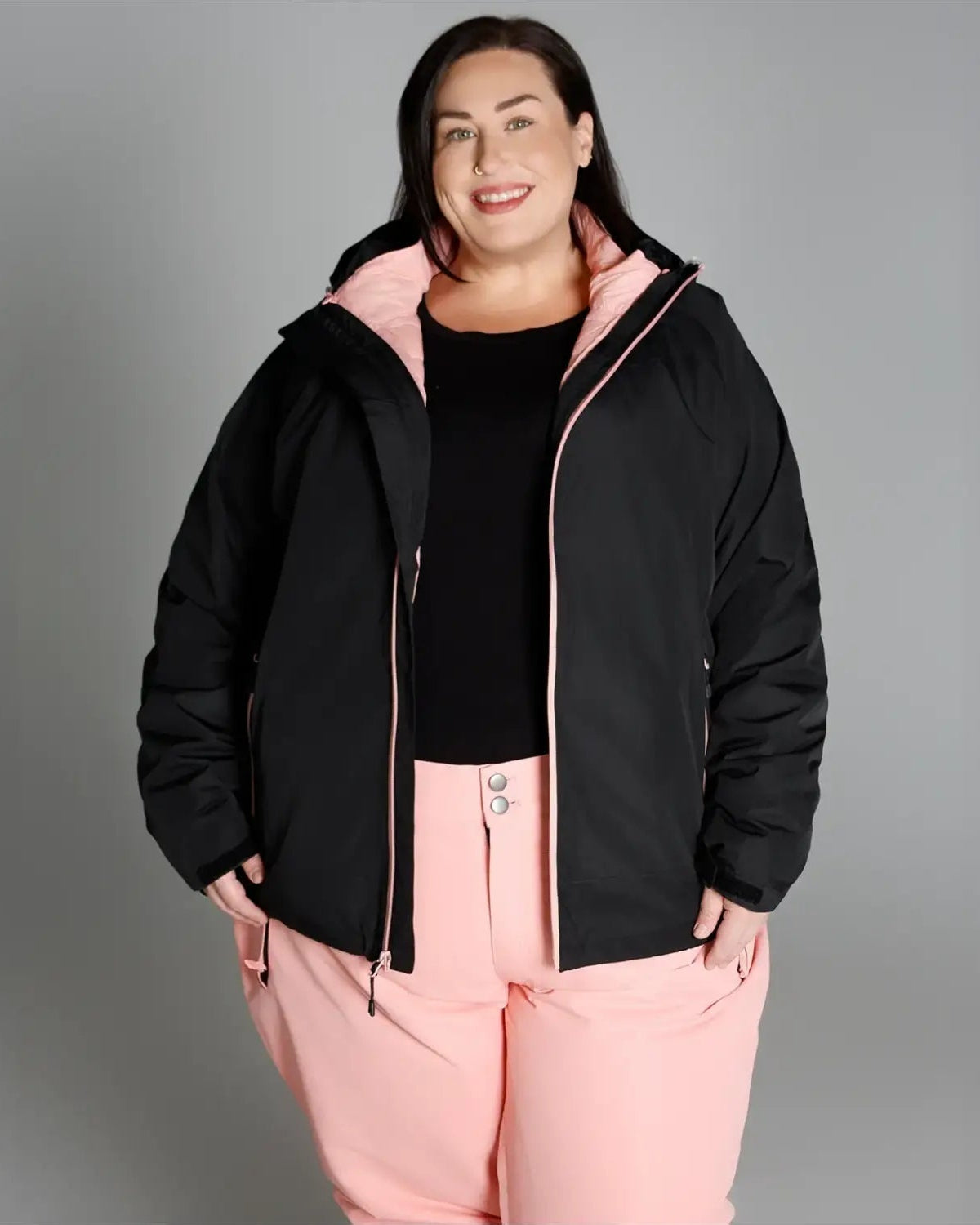 Women’s Plus Size Winter Down Alternative Ski Jacket and Pants in Black and Pink