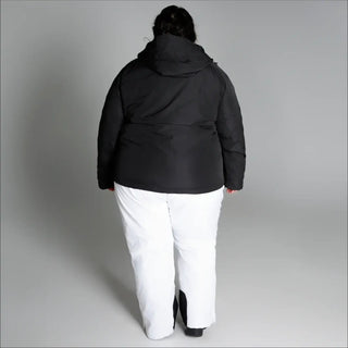 Plus size winter coat with black hooded jacket and white snow pants for snowy outdoor wear