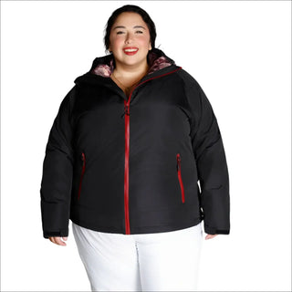 Women’s plus size winter coat with black hood and red trim for snow country outdoor wear
