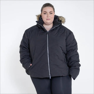 Black puffer jacket with fur-trimmed hood from Snow Country Outerwear Vail Ski Coat