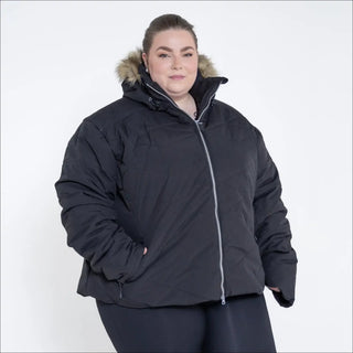 Black hooded puffer jacket from Snow Country Outerwear Vail Ski Coat collection