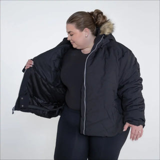 Black puffer jacket with fur-trimmed hood from Snow Country Outerwear Vail Ski Coat
