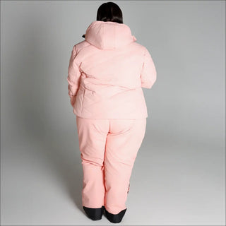 Pink ski suit displayed in Snow Country Outerwear Womens Plus Size Vail Ski Coat Jacket