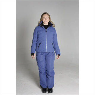 Blue ski suit with fur-trimmed hood from Snow Country Outerwear Womens Vail jacket