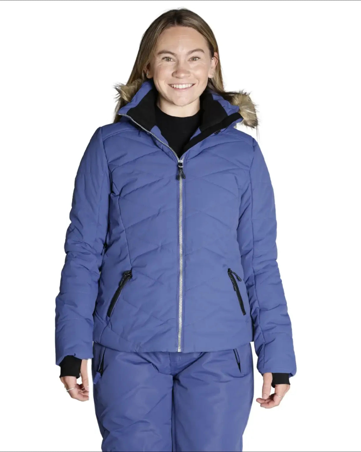 Blue quilted ski jacket with fur-trimmed hood from Snow Country Outerwear for women