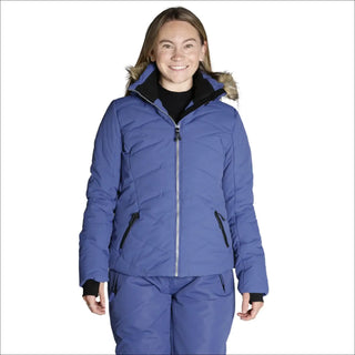 Blue quilted ski jacket with fur-trimmed hood from Snow Country Outerwear for women