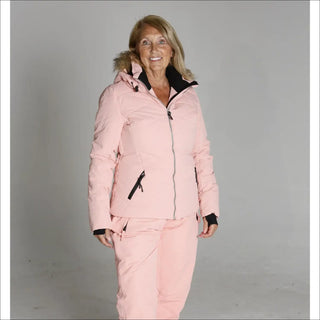 Pink ski suit with fur-trimmed hood from Snow Country Outerwear Womens Vail Down Alternative Winter Jacket