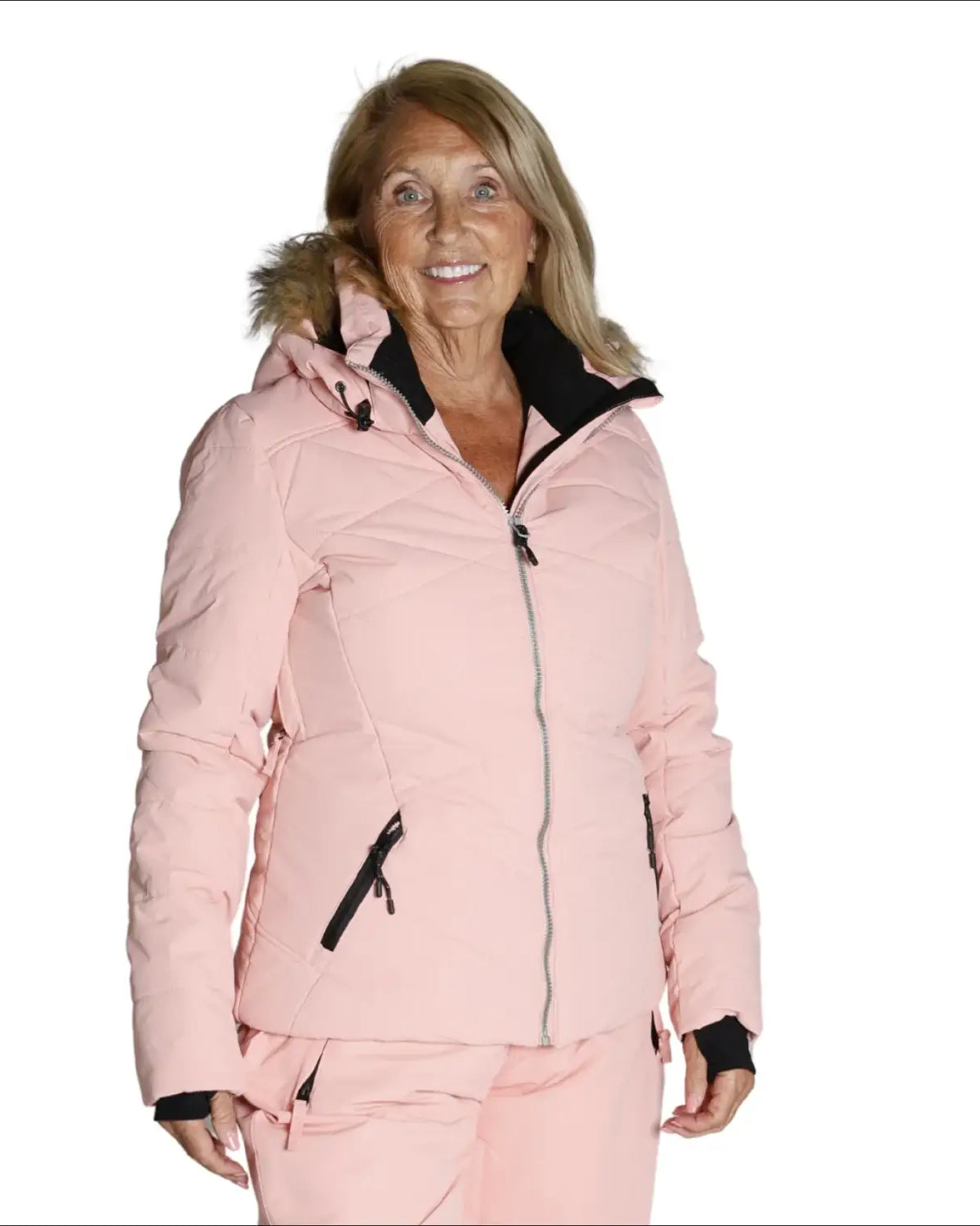 Pink winter jacket with fur hood from Snow Country Outerwear Vail ski coat collection